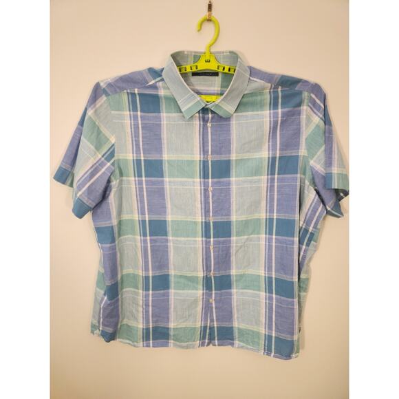 Perry Ellis Shirt Mens 3XLT XXXL Tall Blue Green Plaid 100% Cotton Short Sleeve - Picture 3 of 10